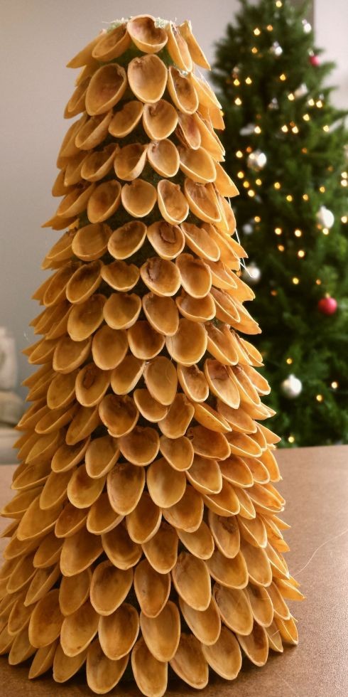 Christmas tree decoration created from pistachio shells – festive and decorative uses of pistachio shell.